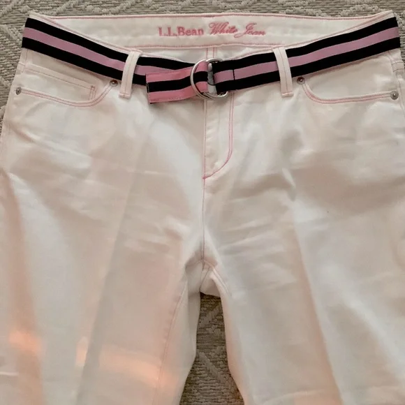 L.L. Bean White Jeans: Pink Stitching accents, Ribbon belt, Bootcut & Wider Leg - Picture 1 of 12